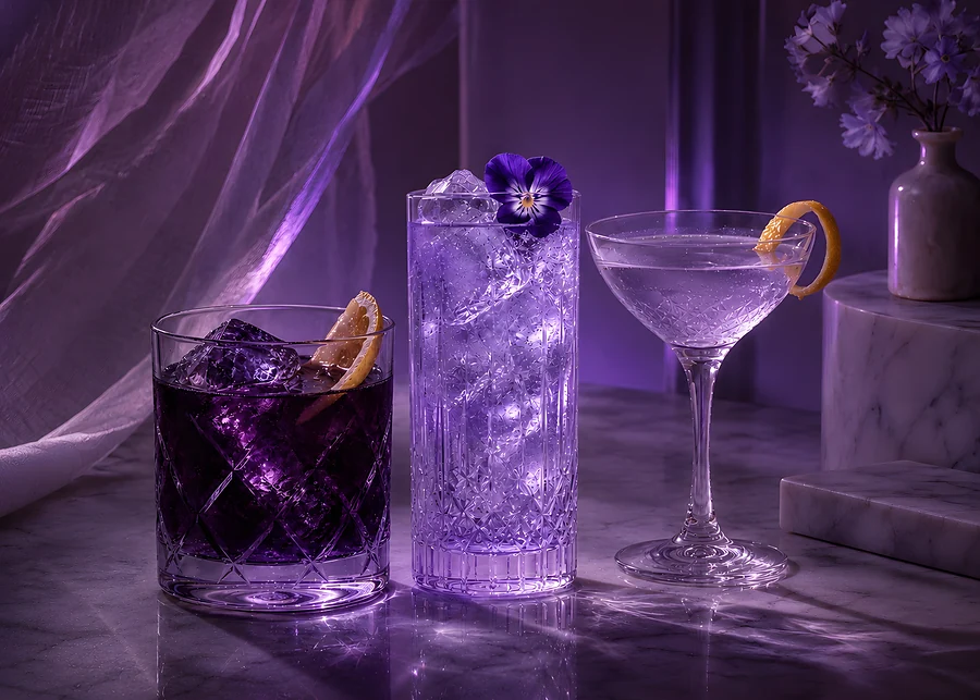 Three cocktails in cut crystal on marble in violet light: a rocks glass, a tall glass with ice and a pansy, and a coupe with a lemon twist