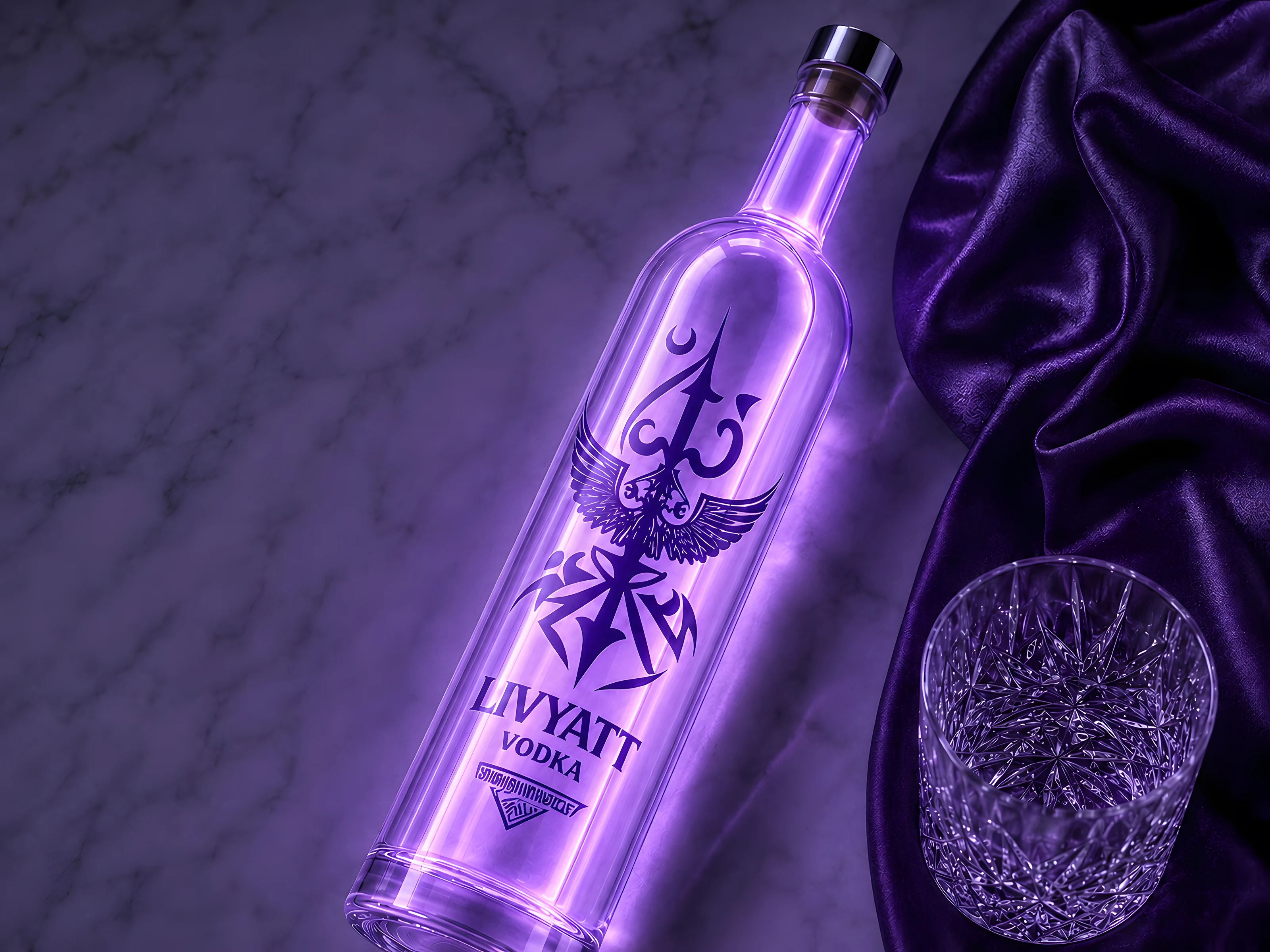 The Livyatt bottle after dark, glowing violet on marble