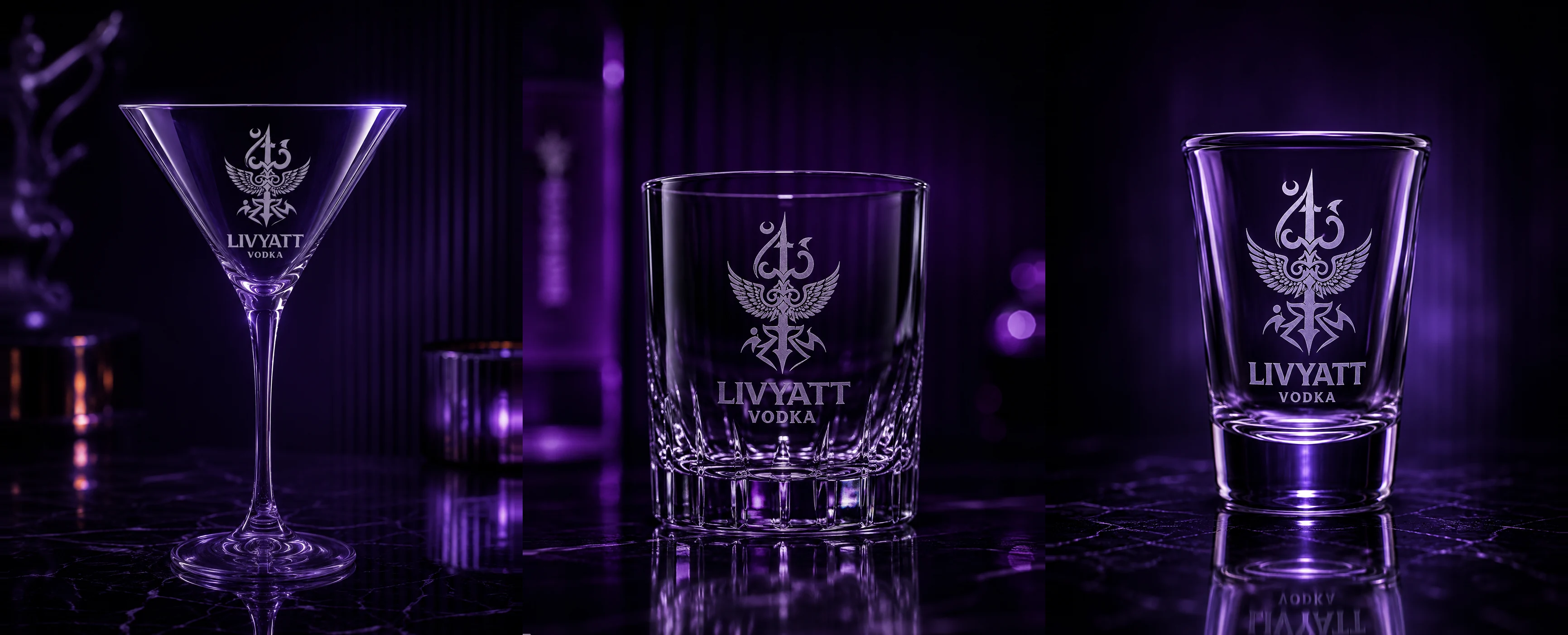 Martini glass bearing the Livyatt crest and the words Livyatt Vodka, on a dark marble bar