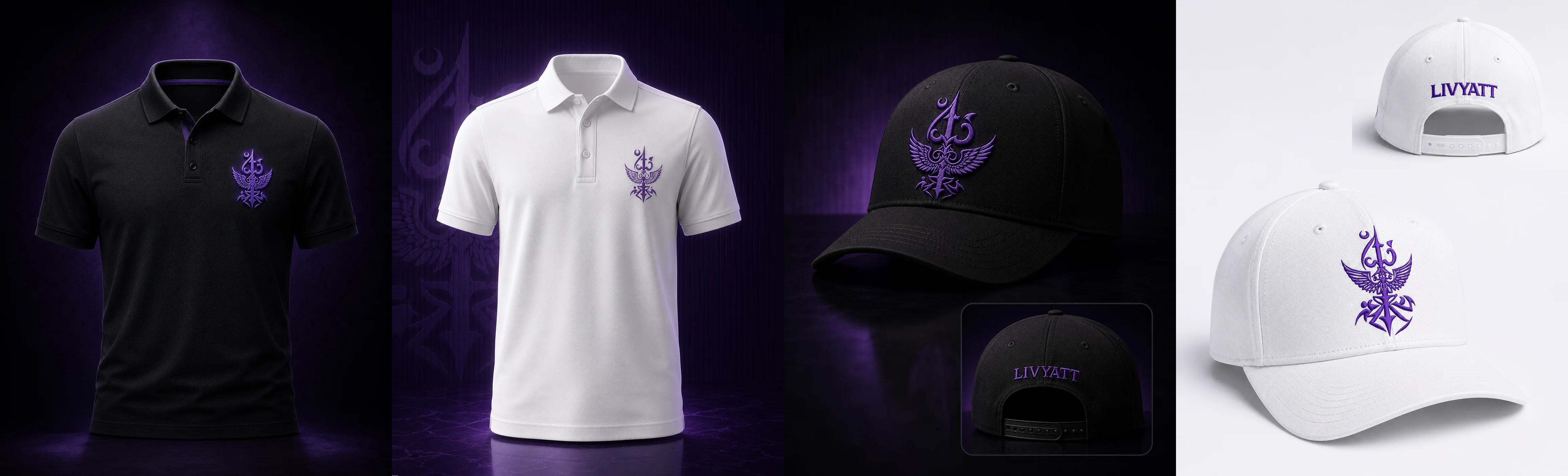 Black polo shirt with the violet Livyatt crest on the chest