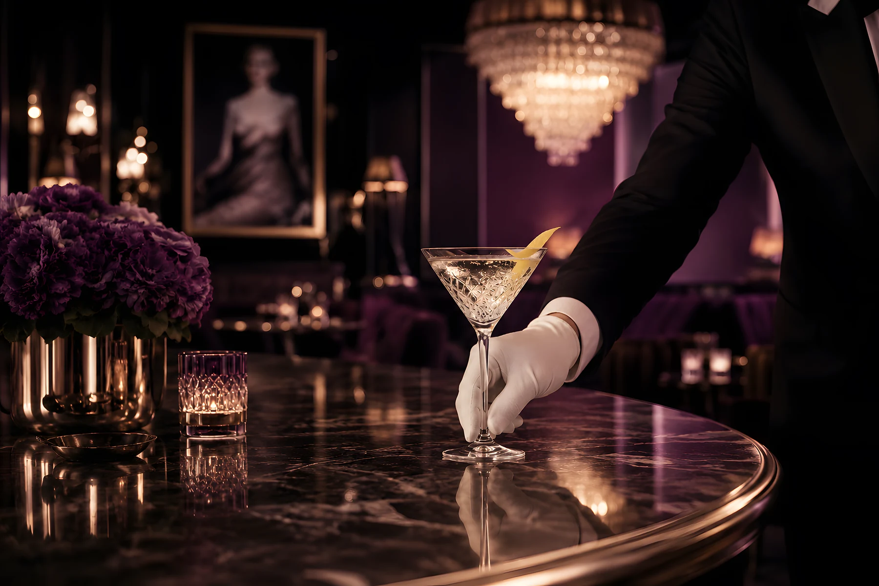A white-gloved waiter setting down a martini in cut crystal on a dark marble table, in a plum-lit lounge beneath a crystal chandelier