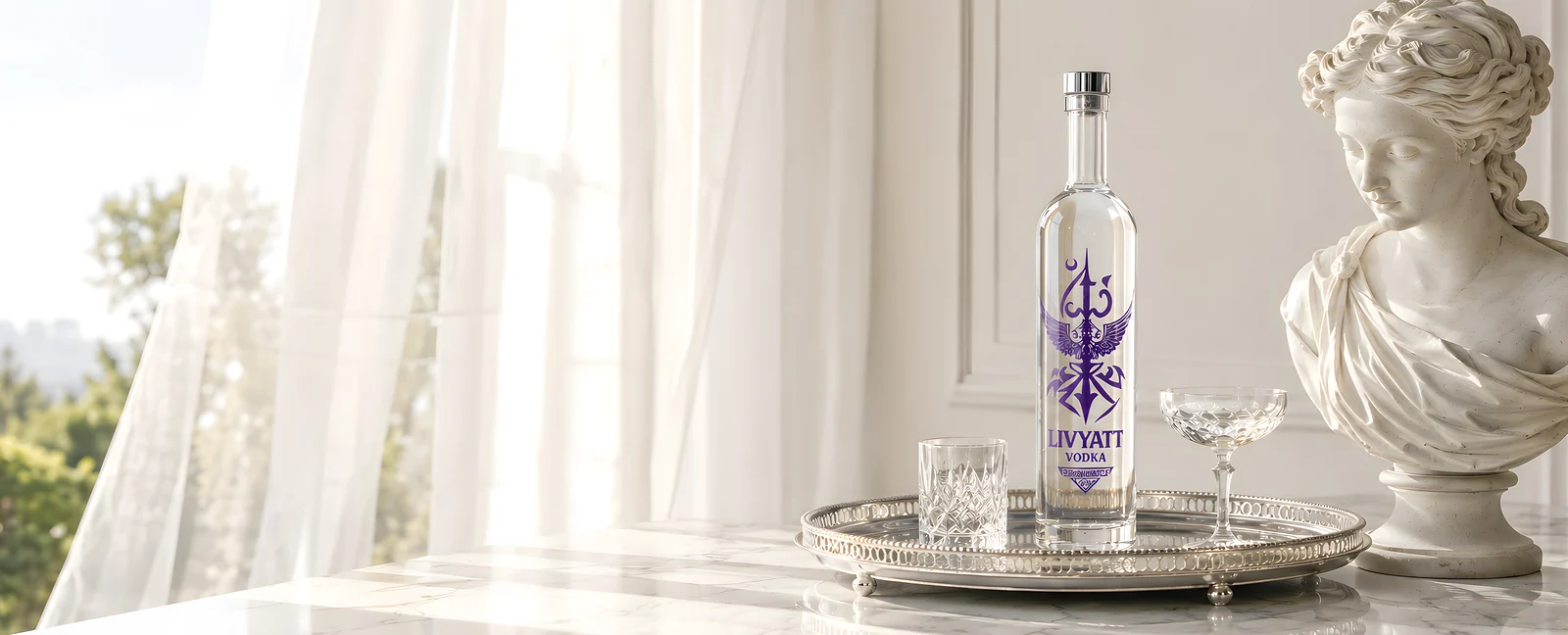 Livyatt vodka on a silver tray beside a classical marble bust in a daylight estate interior