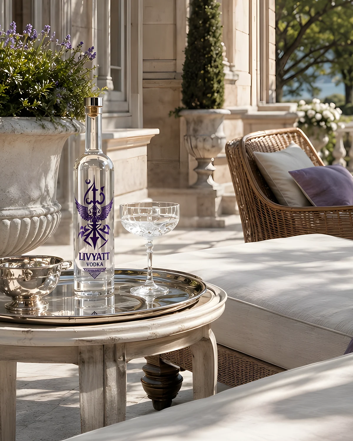A bottle of Livyatt vodka on a silver tray beside a crystal coupe, on a sunlit estate terrace with a wicker chair and a stone balustrade