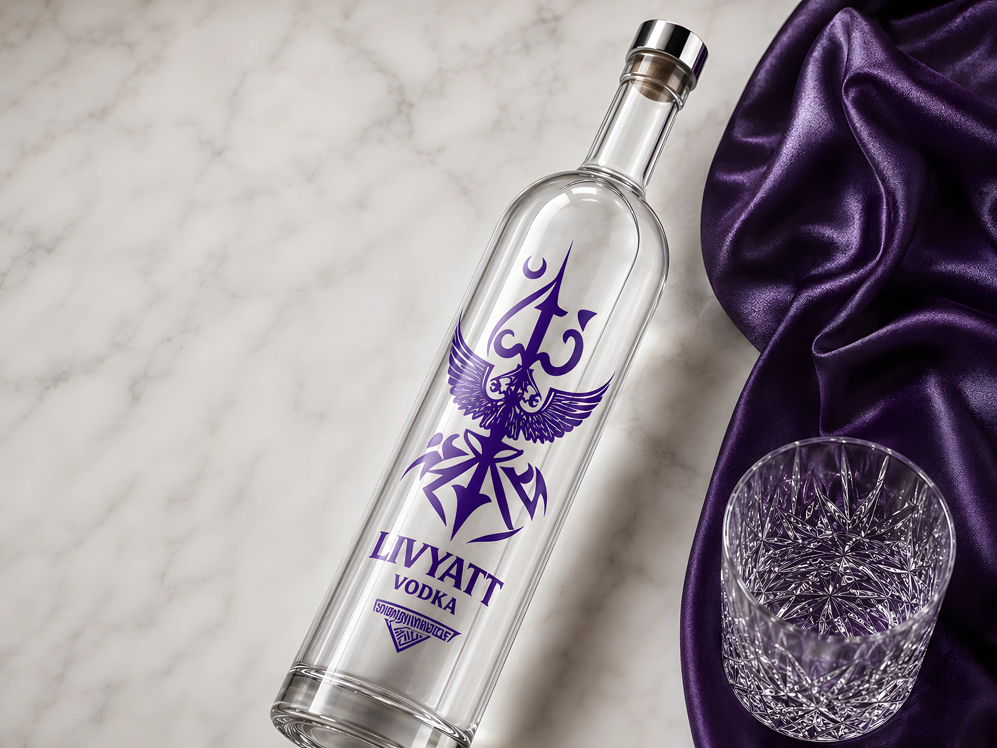 The Livyatt bottle by daylight on marble with purple satin