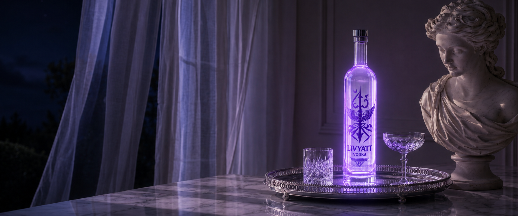 Livyatt After Dark hero showing a glowing purple Livyatt vodka bottle in a nighttime classical estate interior