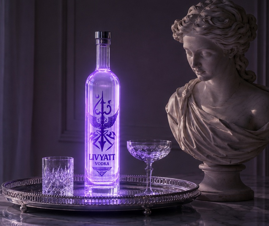 Mobile Livyatt After Dark hero with a glowing purple Livyatt bottle beside a classical statue