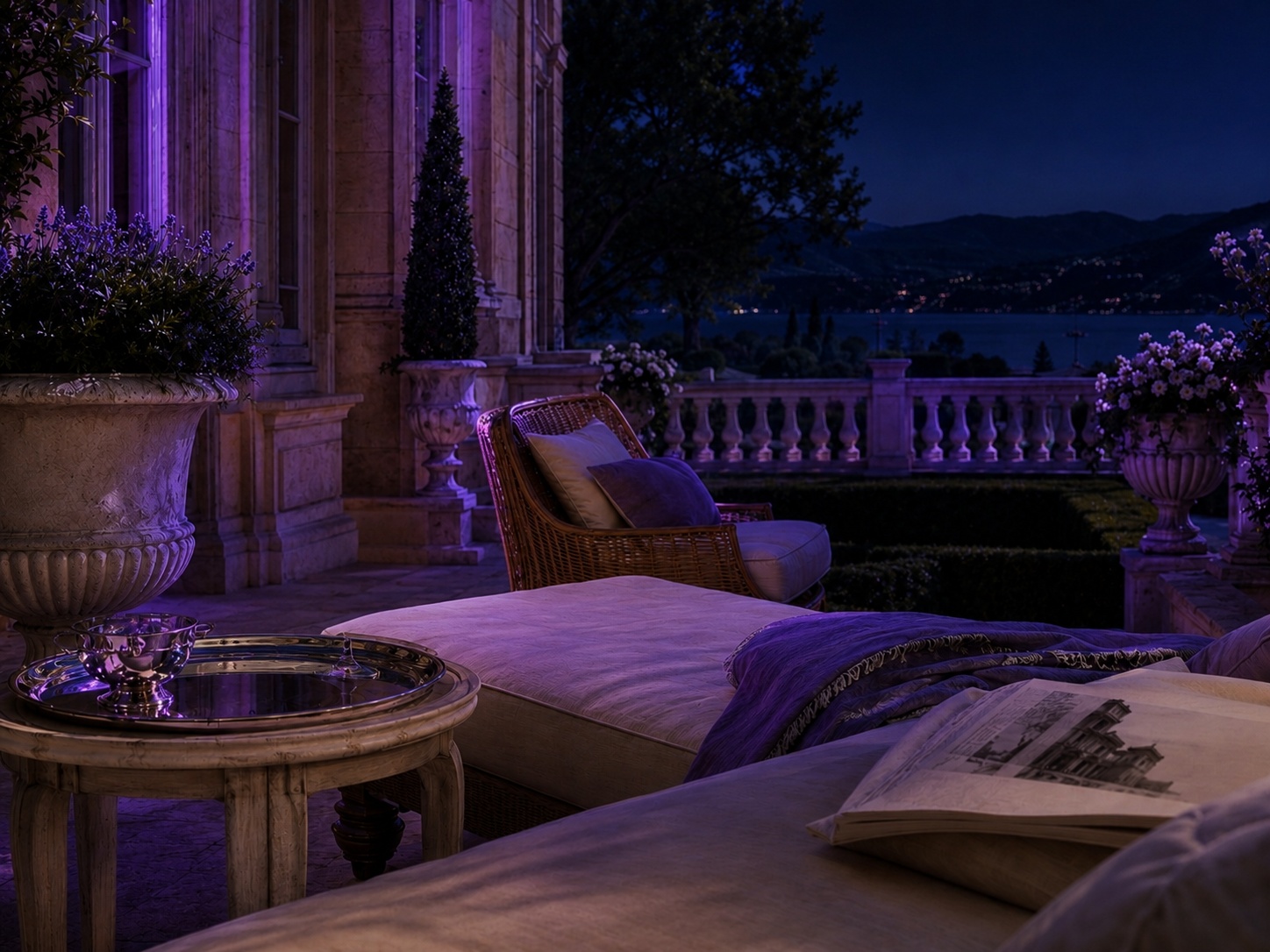 Nighttime estate terrace with purple ambient light and lake view
