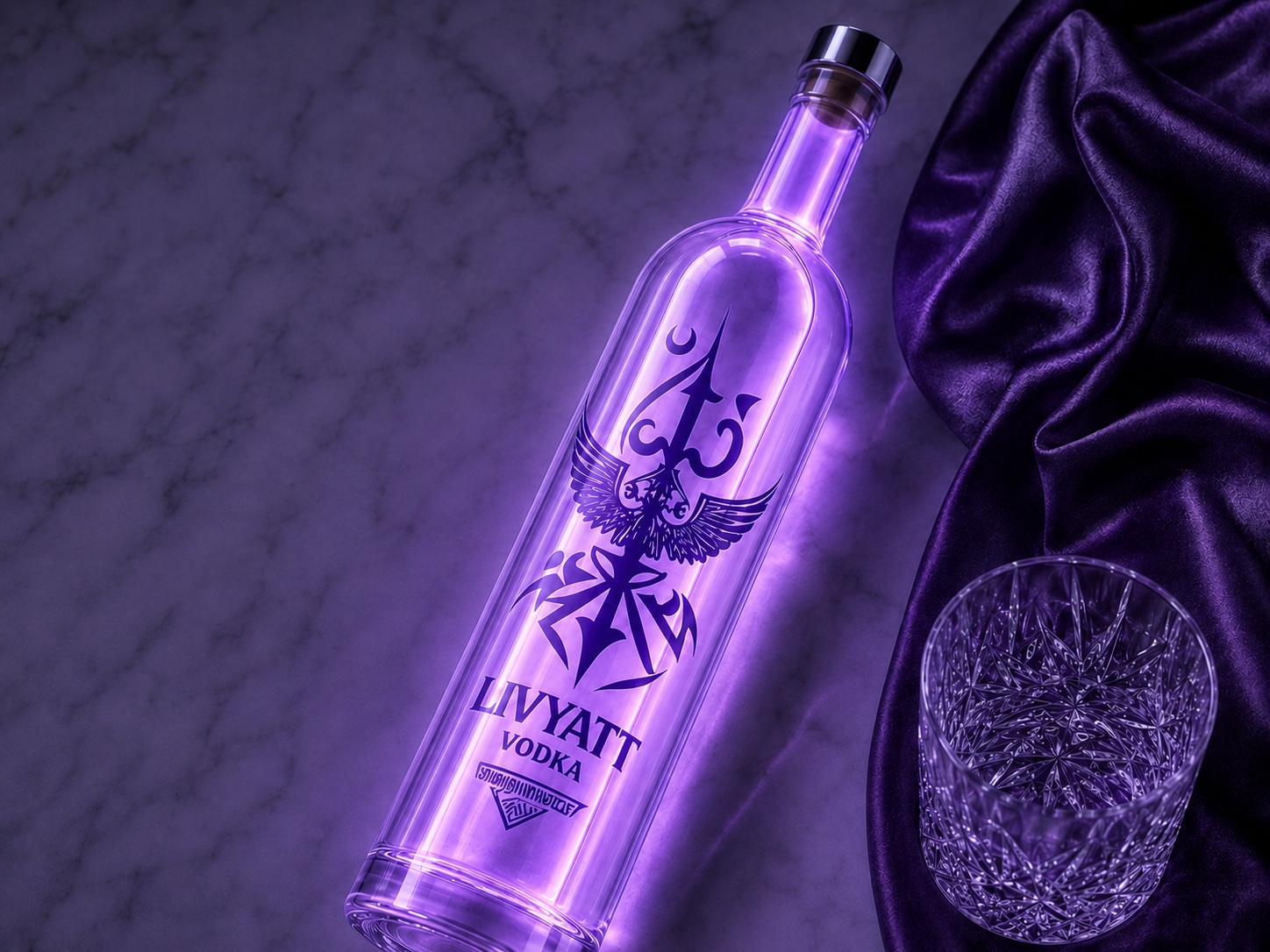 Livyatt vodka bottle glowing purple on marble with purple satin and crystal glass