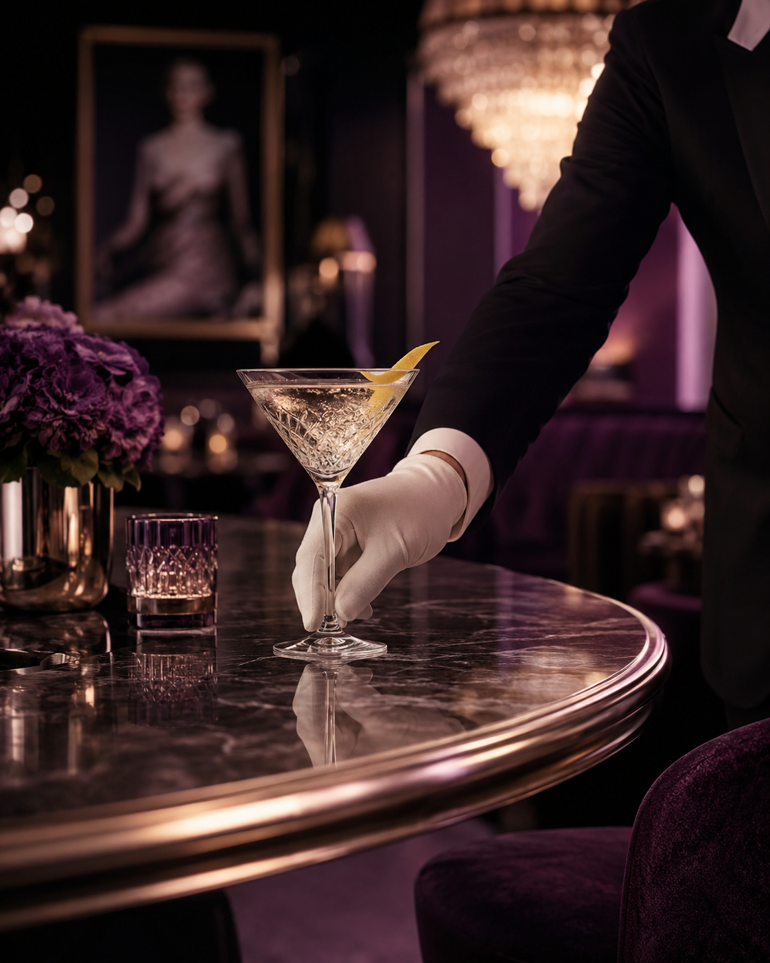 White-gloved service presenting a crystal cocktail in a refined plum-lit lounge