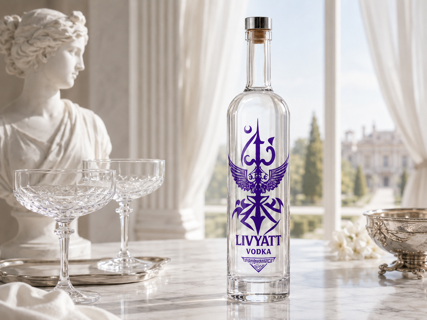 Livyatt vodka bottle displayed in a refined classical interior with crystal coupe glasses