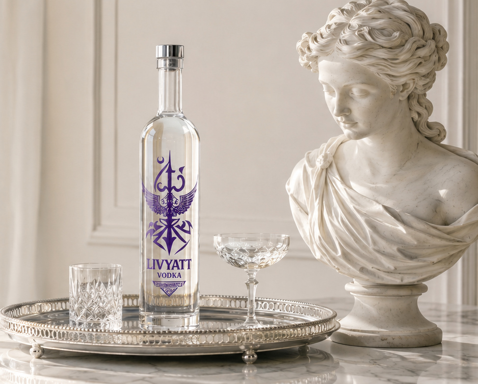 Livyatt bottle beside a classical statue in a daylight estate room