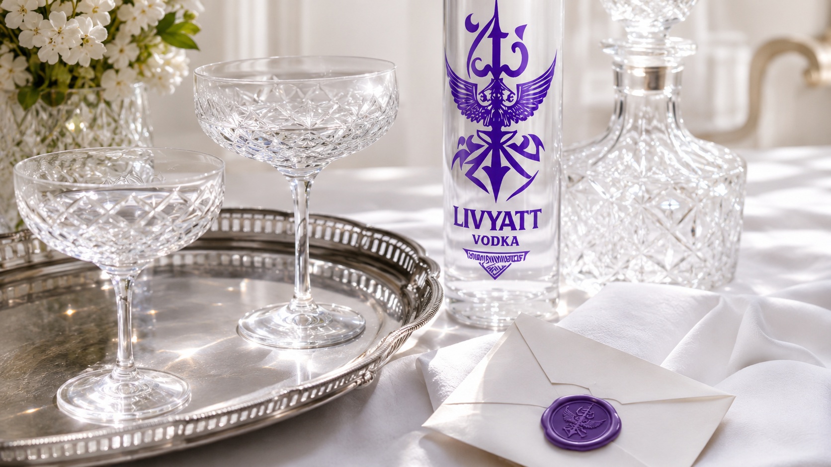 Livyatt vodka contact setting with crystal coupes, silver tray, and sealed invitation envelope
