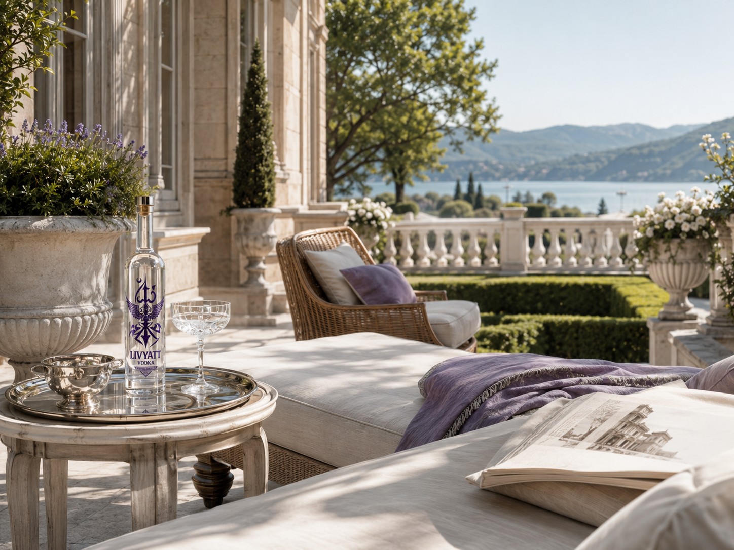 Livyatt bottle served on an estate terrace with lake view