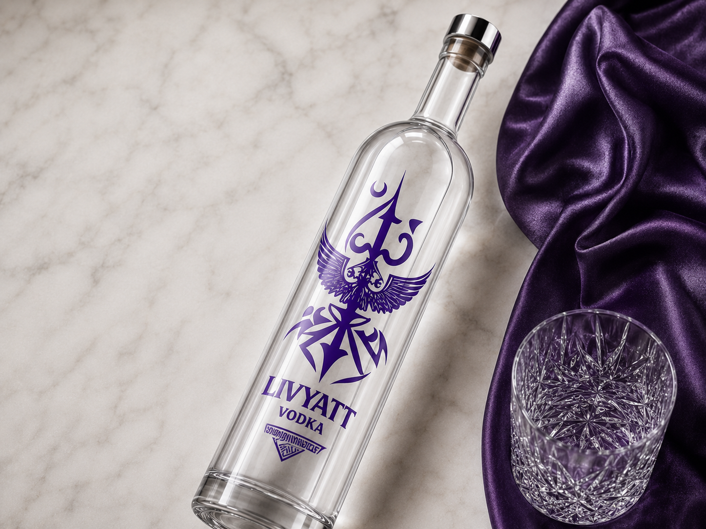 Livyatt bottle on marble with purple satin and crystal glass