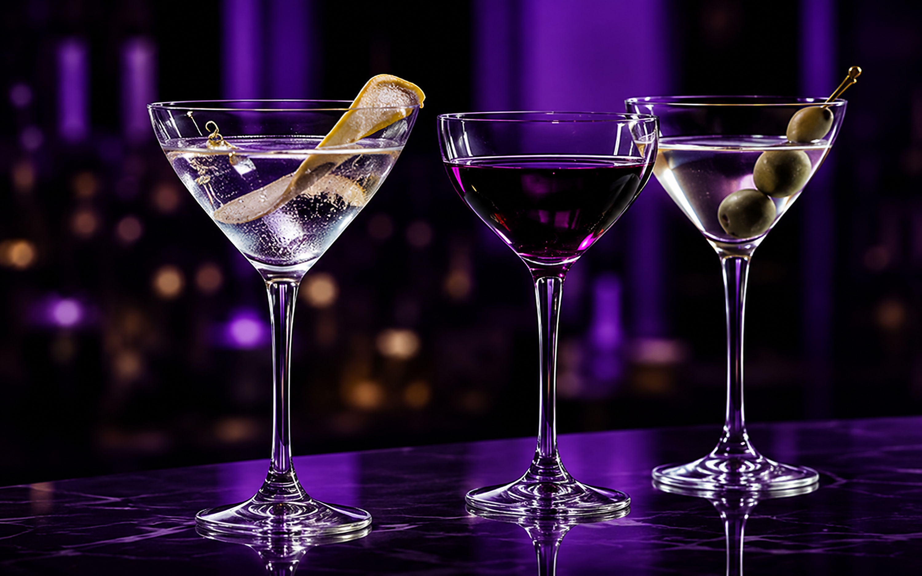 Elegant vodka cocktails with purple lighting